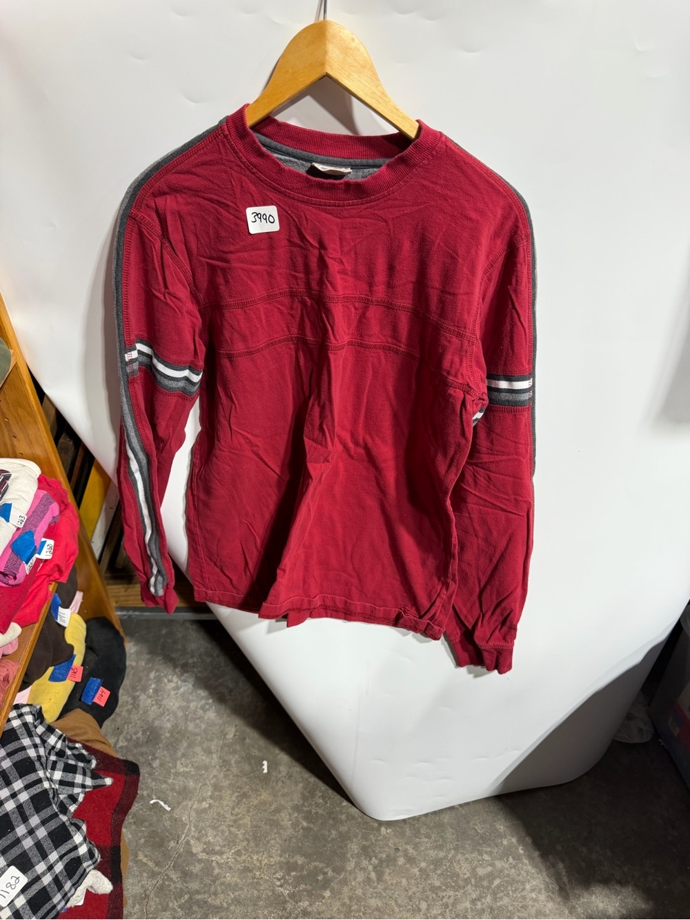 #3990-Men's Long Sleeve Crewneck Tee - Red with Grey Stripes